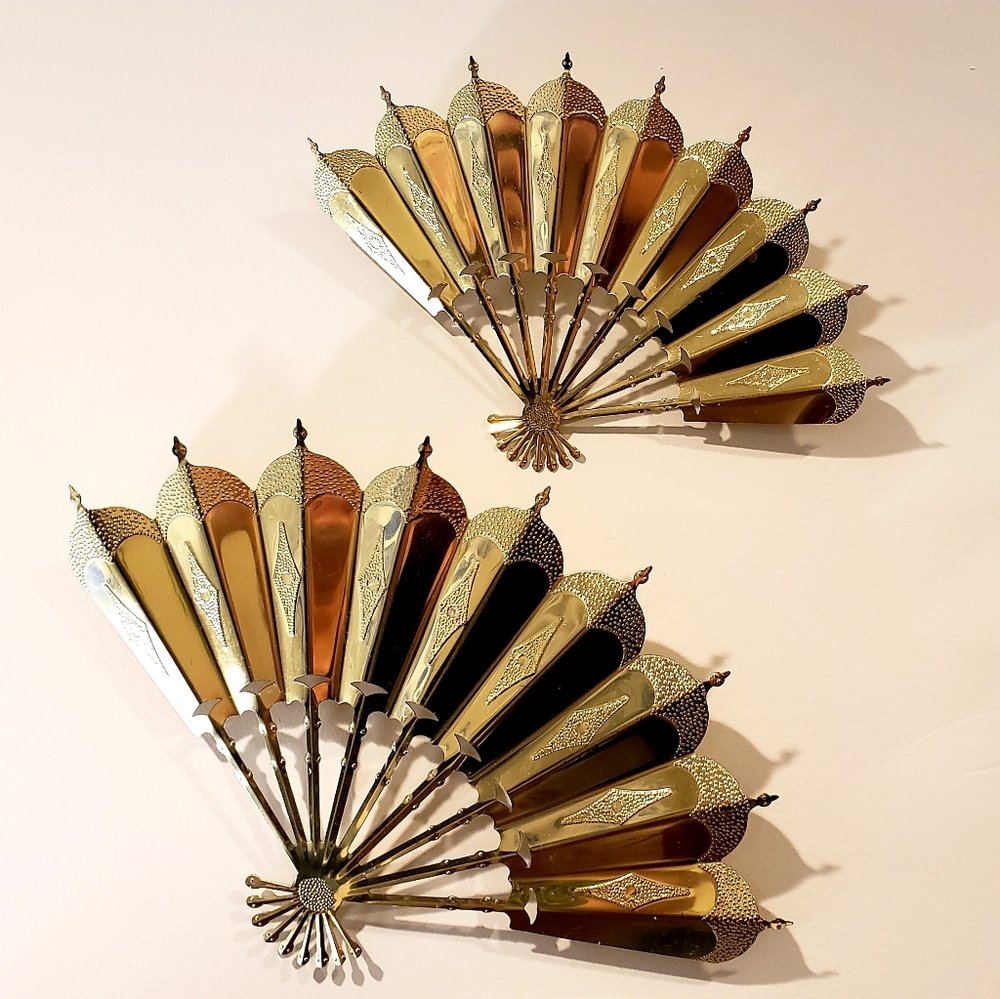 Pair MCM vintage brass fan wall decors